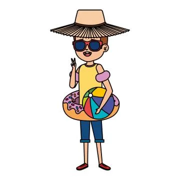 Cute little boy with donut float and beach balloon Illustrazione stock