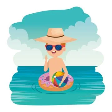 Cute little boy with donut float and beach balloon on the sea Stock Illustration