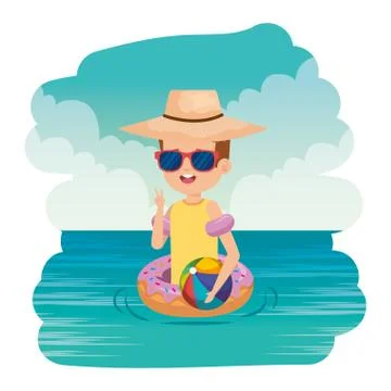 Cute little boy with donut float and beach balloon on the sea Stock Illustration
