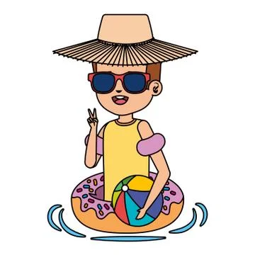 Cute little boy with donut float and beach balloon Stock Illustration
