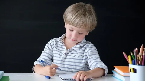 Cute little boy drawing at the table. Child from elementary school. Education Stock-Footage 111759498