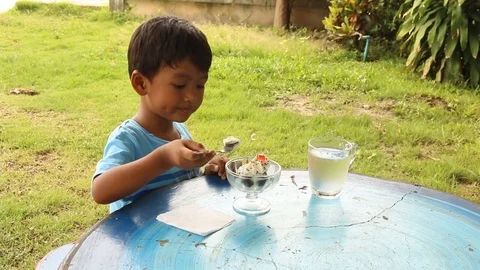 Cute little boy eating ice cream in garden Stock Footage 73708853
