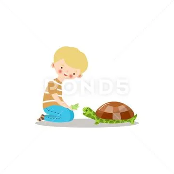 Cute little boy feeding turtle with leaf. Raster illustration in flat cartoon Stock Illustration
