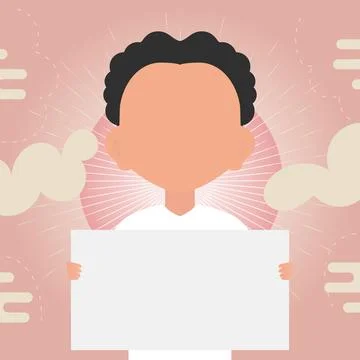 A cute little boy is holding an empty tablet in his hands. Place for your tex Stock Illustration