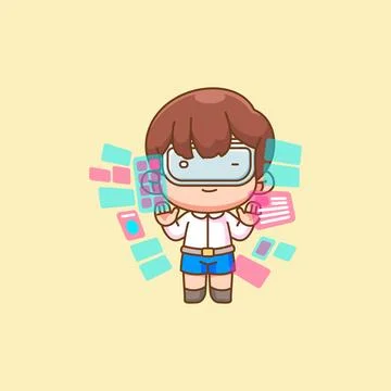 Cute little boy interact virtual reality glasses vr chibi kawaii character Stock Illustration