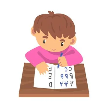 Cute Little Boy Learning to Write, Elementary School Student Sitting at his Desk Stock Illustration