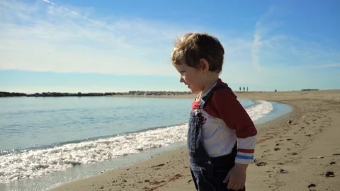 Cute little boy looking at the ocean and throwing sand into it Stock Footage 89773151