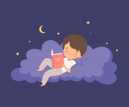 Cute Little Boy Lying on a Cloud at Night Sky and Reading a Bedtime Story Vector Stock Illustration