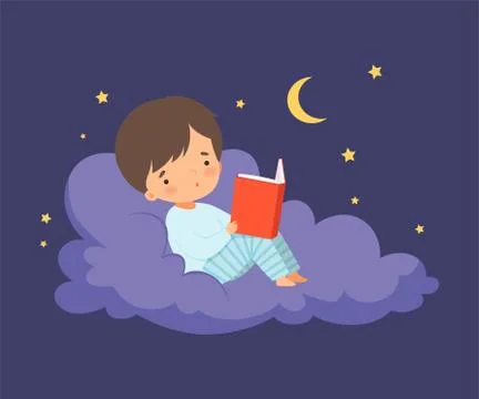 Cute Little Boy Lying on a Cloud at Night Sky and Reading a Book Vector Stock Illustration
