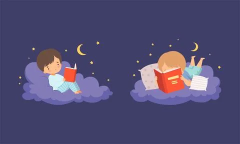 Cute Little Boy Lying on Soft Cloud at Night and Reading Bedtime Story Vector Stock Illustration