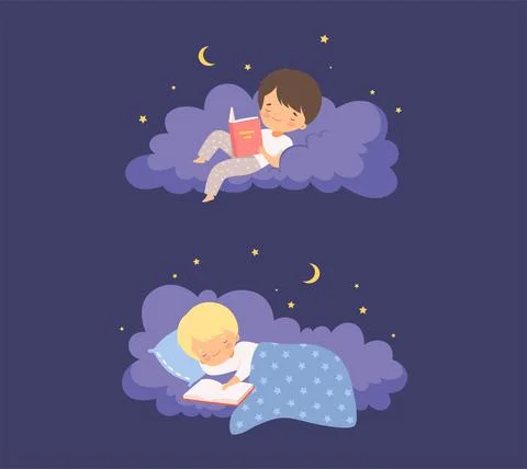 Cute Little Boy Lying on Soft Cloud at Night and Reading Bedtime Story Vector Stock Illustration