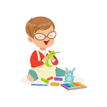 Cute little boy making figures from a plasticine, kids creativity vector Stock Illustration