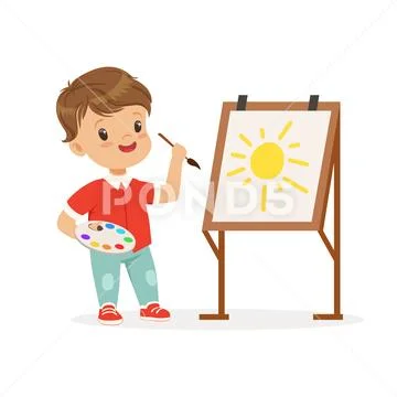 Cute little boy painting sun on an easel, kids creativity, education and child Stock Illustrationen