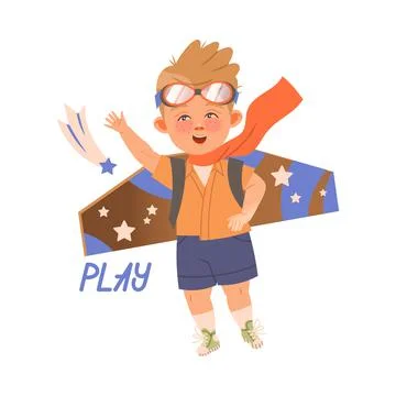 Cute little boy pilot playing with paper wings. Play verb expressing action Illustrazione stock