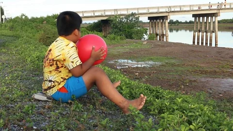 Cute little boy play bubble at river Stock Footage 73720960