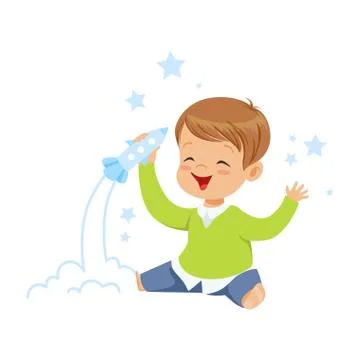 Cute little boy playing with rocket toy, kids imagination and fantasy, colorful Stock Illustration