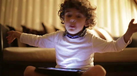 Cute Little Boy Playing Tablet Stock Footage 44442865