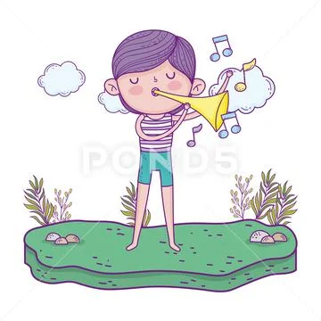 Cute little boy playing trumpet in the landscape Stock Illustration