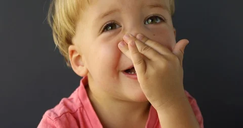 Cute Little Boy Point at His Nose Stock Footage 101672044