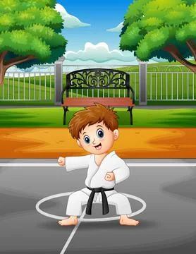 Cute little boy practicing karate in the outdoors Stock Illustration