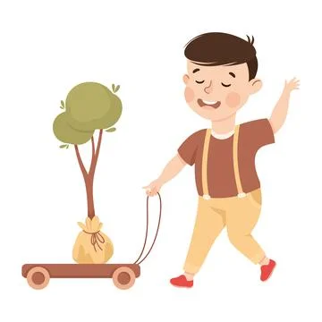 Cute Little Boy Pulling Trolley with Tree Sapling Caring About Earth Planet Stock Illustration