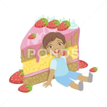 Cute little boy sitting near a big strawberry cake, a colorful character Stock Illustration