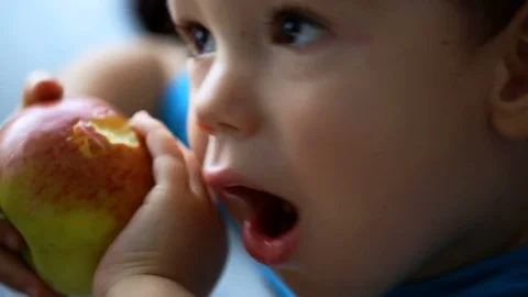 Cute little boy smiling while eating tasty apple Stock Footage 84095425
