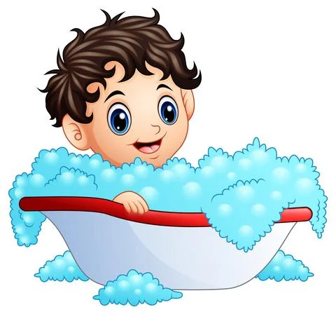 Cute little boy taking a bath on a white background Stock Illustration