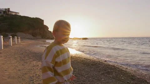 Cute little boy throwing stones into the water on the beach at sunset Stock Footage 225536734
