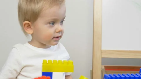 Cute little boy (toddler, two years old) is playing with Building bricks 库存影片 102468911