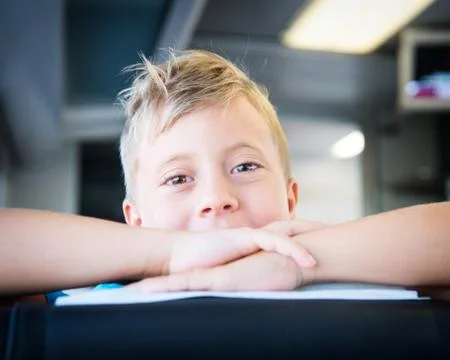 Cute little boy on the train Stock Photos