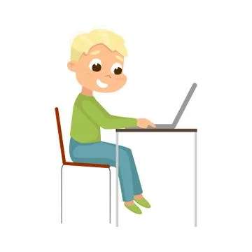 Cute Little Boy Using Laptop Computer at Workplace, Online Education or Courses Illustrazione stock