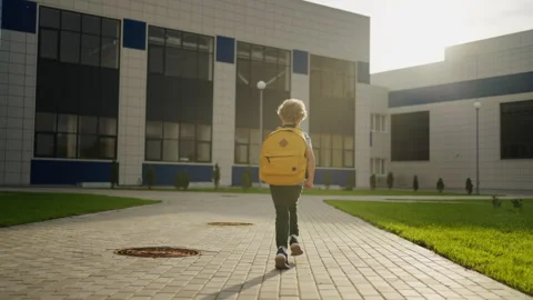 Cute Little Boy With Yellow Backpack Running To School, Lessons And Classes Stock Footage 249021413