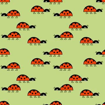Cute little bugs, ladybugs , vector seamless background. Doodle insects. For  Stock Illustration