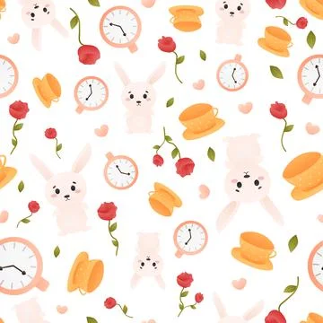 Cute little bunny seamless pattern with clocks and red roses, womderlamd Stock Illustration