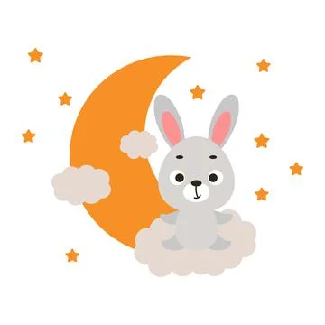 Cute little bunny sitting on cloud. Cartoon animal character for kids t-shirt Stock Illustration