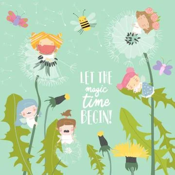 Cute little cartoon fairies flying above dandelions Stock Illustration