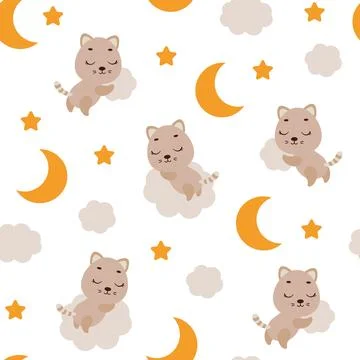 Cute little cat sleeping on cloud seamless childish pattern. Funny cartoon .. Stock Illustration
