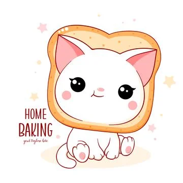 Cute little cat with slice of bread on the head. Kawaii white kitten in bre.. Stock Illustration