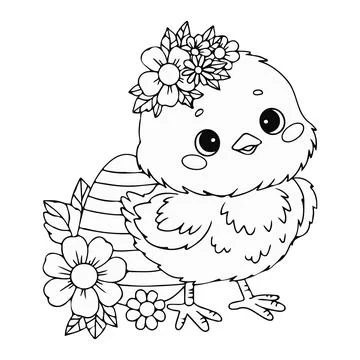 Cute little chick with Easter egg and flowers. Vector illustration. Line dr.. Stock Illustration
