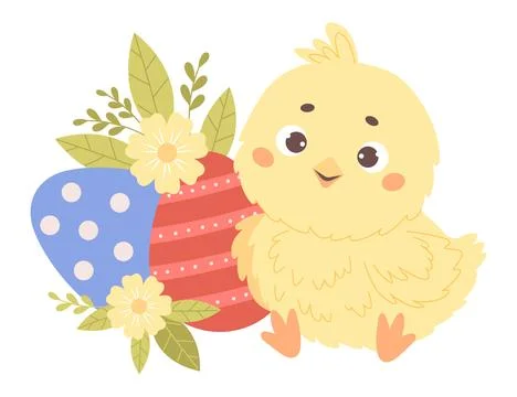 Cute little chick with Easter eggs. Vector illustration. Kids holiday colle.. Stock Illustration
