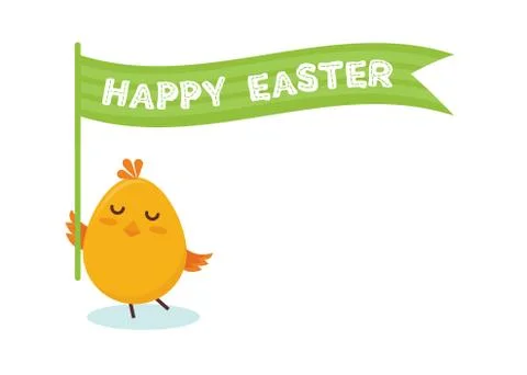 Cute little chick with happy Easter sign- Vector Stock Illustration