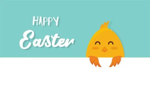 Cute little chick with happy Easter sign- Vector Stock Illustration