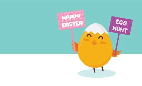Cute little chick with happy Easter sign- Vector Stock Illustration