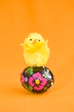 Cute little chicken standing on easter egg. Stock Photos