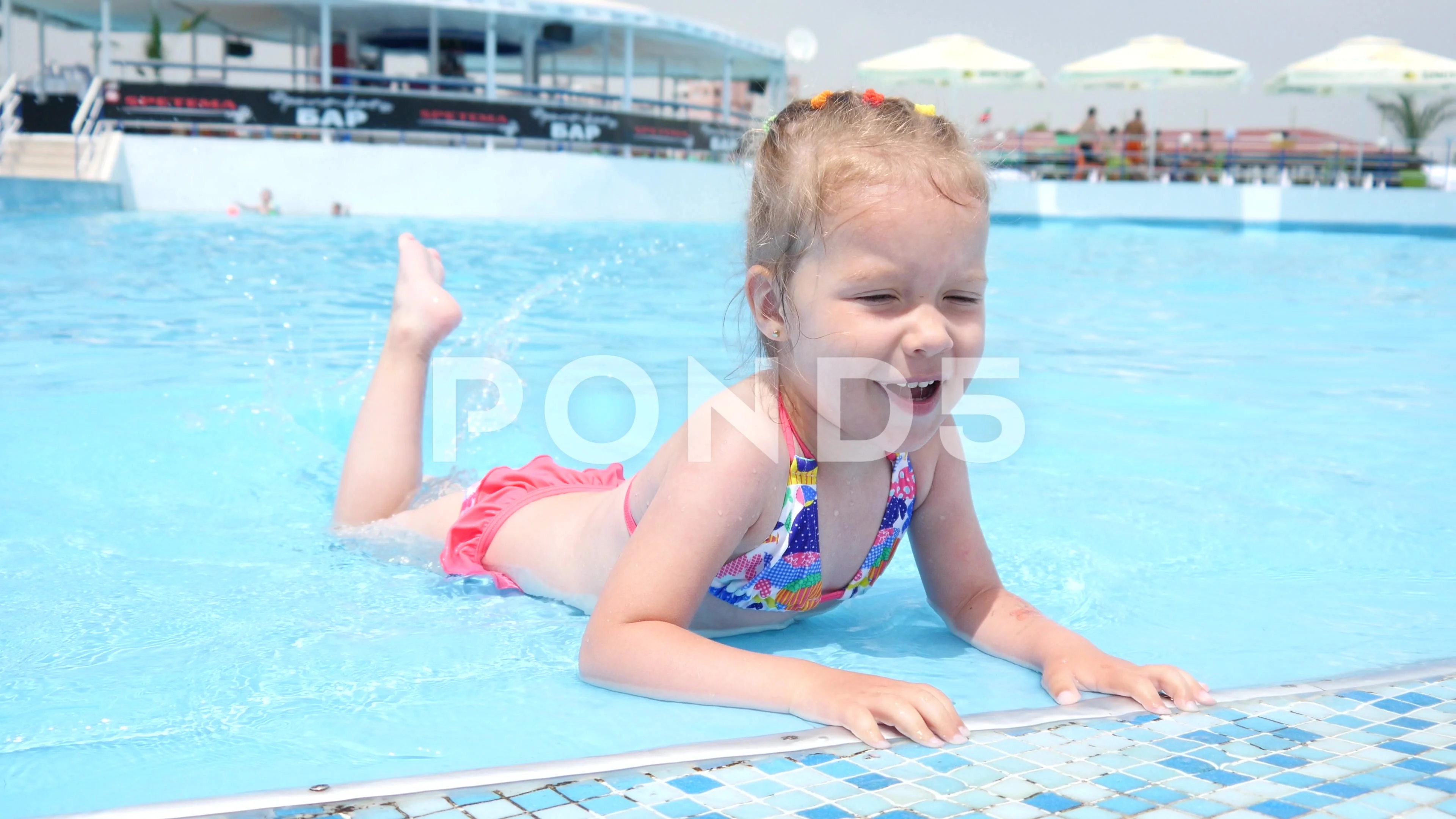 Cute little child girl have fun swim in , Stock Video