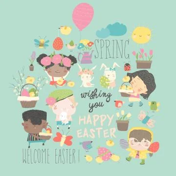 Cute little children with Easter theme. Happy Easter Stock Illustration