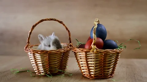 Cute little Easter bunny is sticking out of the basket 스톡 동영상 78991518