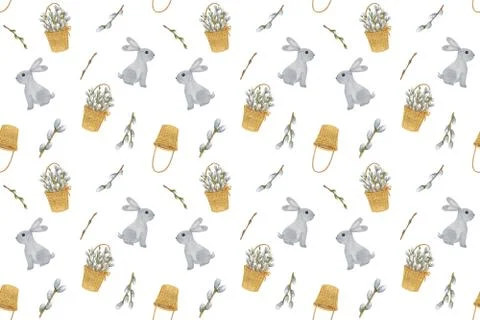 Cute little Easter bunny, wicker basket and pussy willow repeat pattern Illustrazione stock