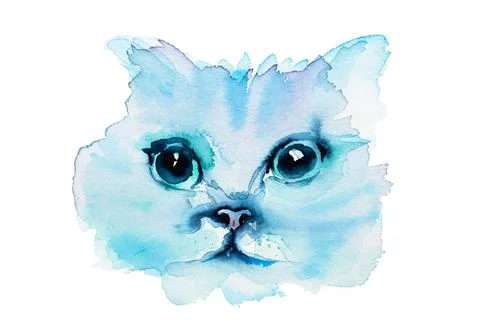 Cute little face of a white kitty. watercolor illustration Stock Illustration